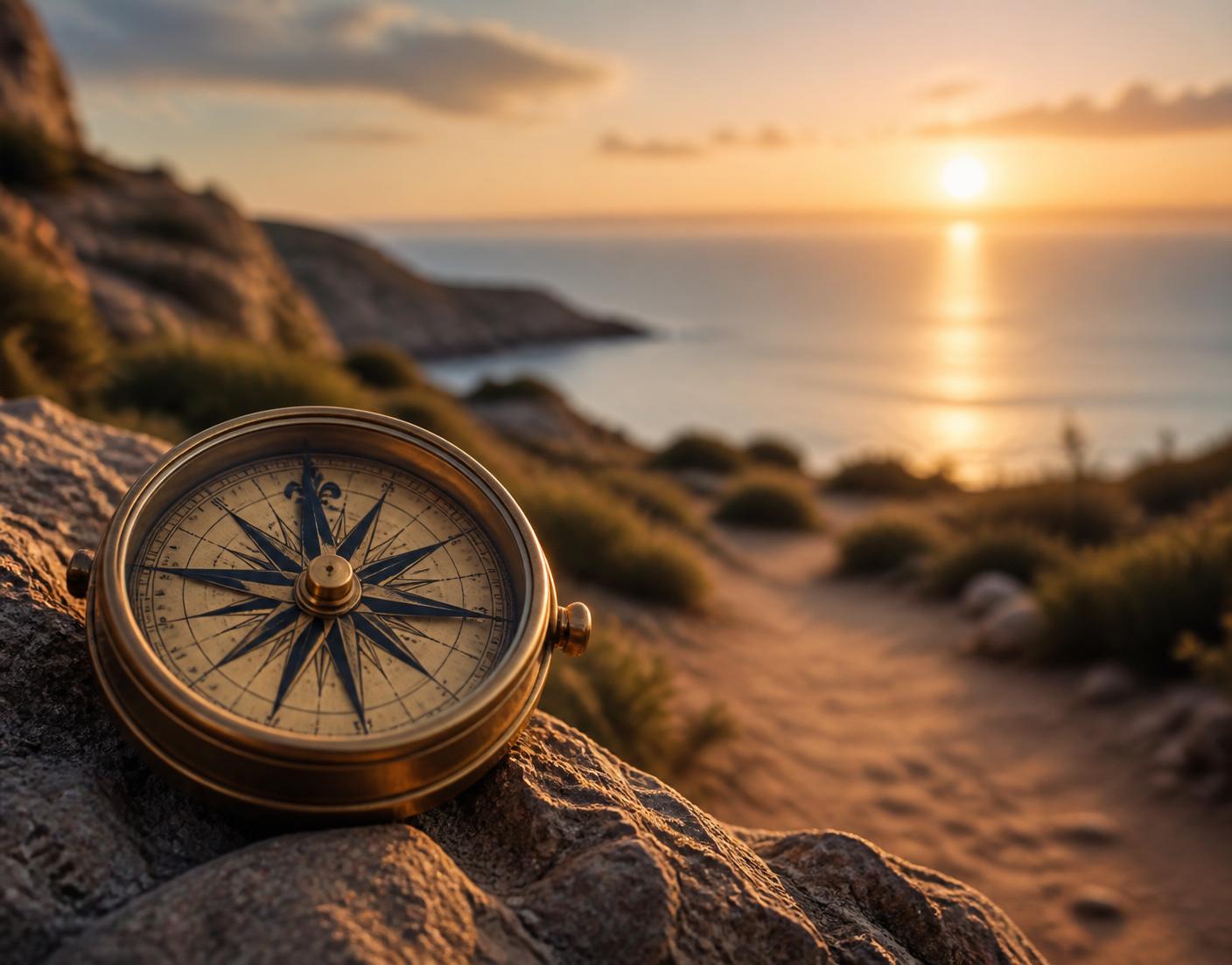 Compass at sunset above a coastal path